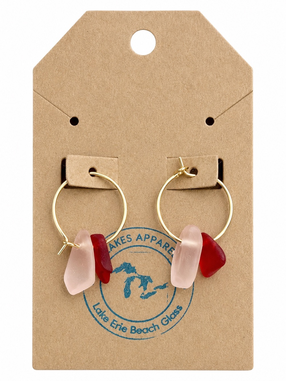 Gold Hoop Earrings with Red & Pink Sea Glass Accents